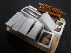 Eleven hand built wooden toys including Duck mover, cat rower,