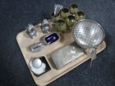 A tray of three piece plated cruet set, plated rose bowl and cigarette box, Ronson table lighter,