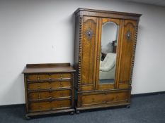 A three piece oak barley twist bedroom suite plus 4'6 bed frame