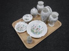 A tray of nine pieces of Aynsley Wild Tudor china including a mantel clock