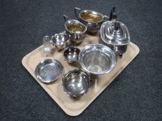 A tray of 20th century plated ware including tea service, milk jug & sugar basin,