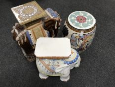 Two glazed pottery elephant plant stands and a pottery drum stool