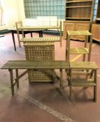 A pine storage linen basket, together with two sets of pine shelves,