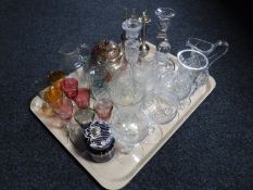 A tray of antique glass ware, hand painted glass lidded jar,