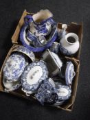 Three boxes of English blue and white china, box of glass vases,