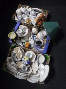 Three boxes of pair of Staffordshire dogs, china table lamps, wall plates,