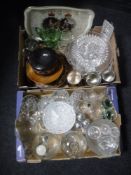 Two boxes of assorted glassware, Queens Silver Jubilee metal tray, wooden wall plaques,