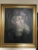 A gilt framed continental school oil on canvas depicting a gentleman wearing a red hat