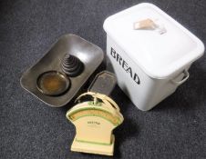 A vintage enamel bread bin together with a set of vintage scales with weights and a set of Salter