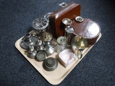 A tray of assorted plates ware, leather cased travel set, cruet set,