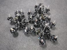 Three black glass five way chandeliers with drops