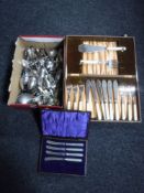 A cased set of desert cutlery with servers and a box of assorted flat ware