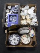 Three boxes of wall plates, china tea services, commemorative mugs,