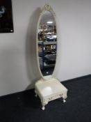 A cream and gilt cheval mirror fitted a drawer