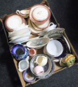 Two boxes containing assorted china including Royalty pattern dinner ware, assorted dinner plates,