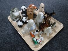 A tray of china animal figures and dolly tops including Spanish dogs,