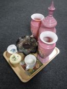 Two pieces of petrol glass, three piece Victorian hand painted vase set,