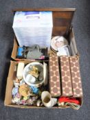 Two boxes containing three boxed Hex modular wine rack, assorted china, figure of a Kingfisher,