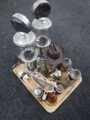 A tray of beer steins, china whisky decanter, dispenser,