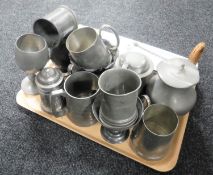 A tray of antique and later pewter tankards,