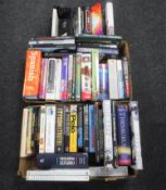 Two boxes and a crate containing hard back books, novels,