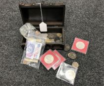 A wooden trinket box of commemorative crowns, pre-decimal coinage,