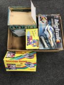 A box of vintage toys, MB electronics big track, soccer game,