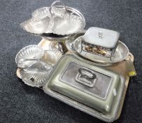 A tray of antique and later silver plated items including lidded breakfast dish,