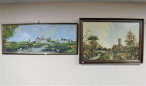 A framed oil on board of a man on a bicycle,