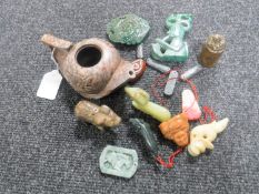 A Chinese soapstone teapot, lacking lid,