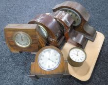 A tray of six clocks including examples of Edwardian mantel clocks etc