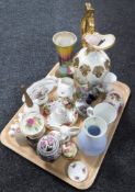 A tray of decorative china ornaments, ornamental egg on stand,