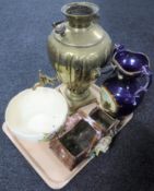 A tray of brass samovar, ornamental vase,