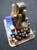 A tray containing assorted alcohol miniatures together with seven bottles of alcohol including