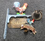 Cast iron cockerel wall bracket with welcome sign and cockerel welcome coat hook