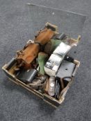 A box containing assorted vintage cameras together with a frameless mirror