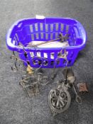 A box containing antique and later brass, metal items,