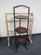An oak folding cake stand and a pine towel rail