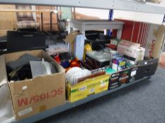 Four boxes of cameras, electricals, vintage mincer, crash helmet,