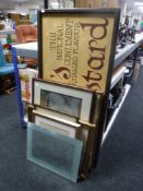 A wooden panel, Keens Mustard, together with seven assorted framed prints,