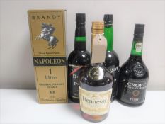 Five bottles of alcohol; 70cl Hennessy Cognac, 70cl Croft Port, 70cl Cockburn's Port,