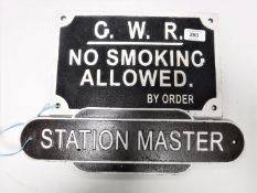 Cast iron plaques - no smoking and station master