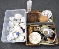 Three boxes of china, tea sets, miniature doll's chair,