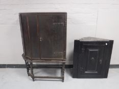 An oak cabinet on barley twist stand and a late 19th century corner cupboard