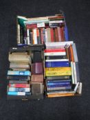 Three boxes of hard back and paper backed books, novels,