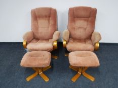 A pair of beech framed swivel relaxer armchairs with stools
