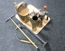 A tray of assorted brass and copper ware, a copper Art Nouveau jug,