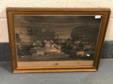 After David Wilkie : The Rent Day, engraving by Abraham Raimbach, 49 cm x 62 cm, framed.