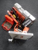 A box containing a Hilti TE10 cased drill, Power Master drill, dremel multi tool,