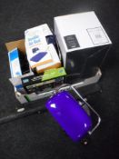 A box of electric fryer, HP photosmart mini printer, snooker cue,